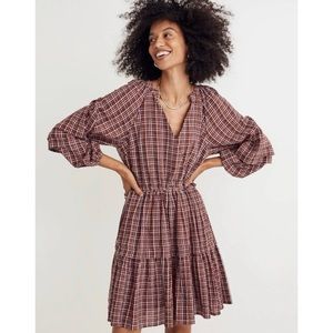 Madewell Plaid Long Sleeve Dress - Red and White